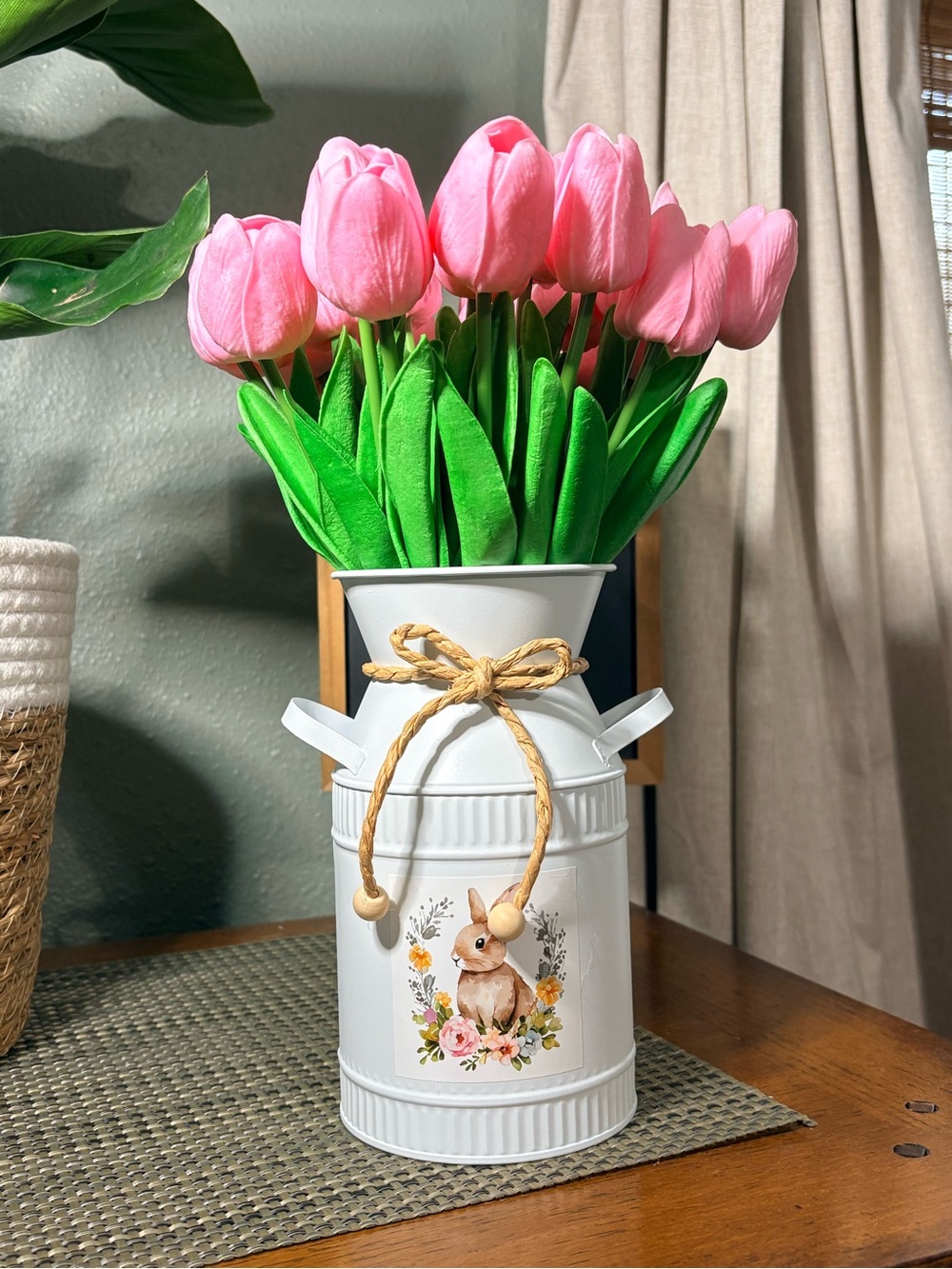 Pink Tulip Arrangement Bunny Metal Milk Can Vase Easter Spring Decor